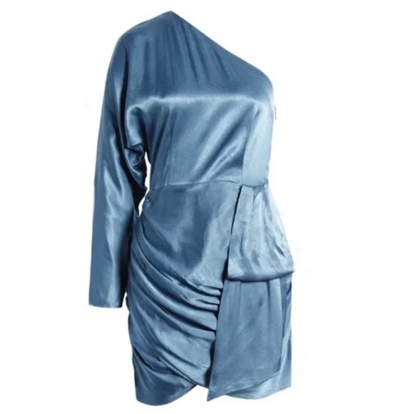 Elliatt Saronic Blue Satin One-Shoulder Long Sleeve Cocktail Dress Size Small - Picture 1 of 5